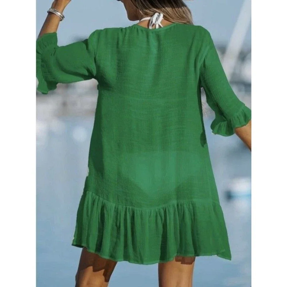NWT Cupshe Emerald Green Ruffled Button-Front Cover-Up Dress Size Large